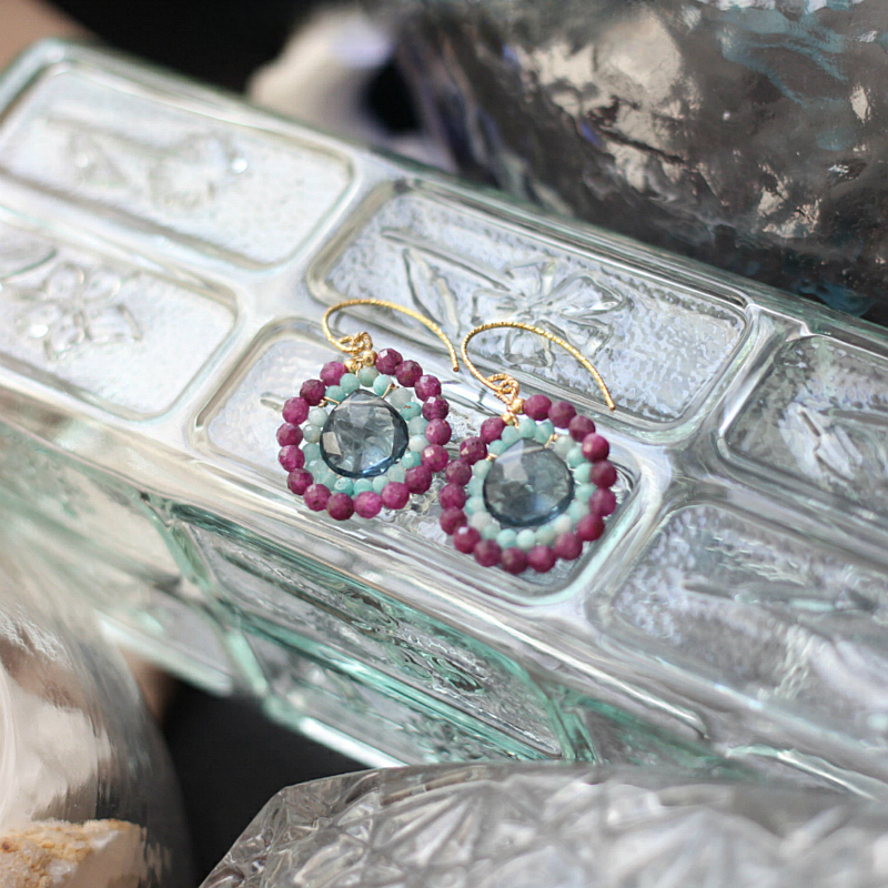 伦敦蓝托帕红宝石14k包金耳环