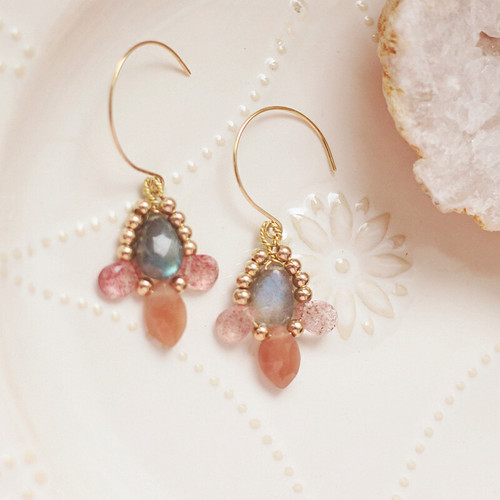 月光太阳石6月生辰石14k包金耳饰