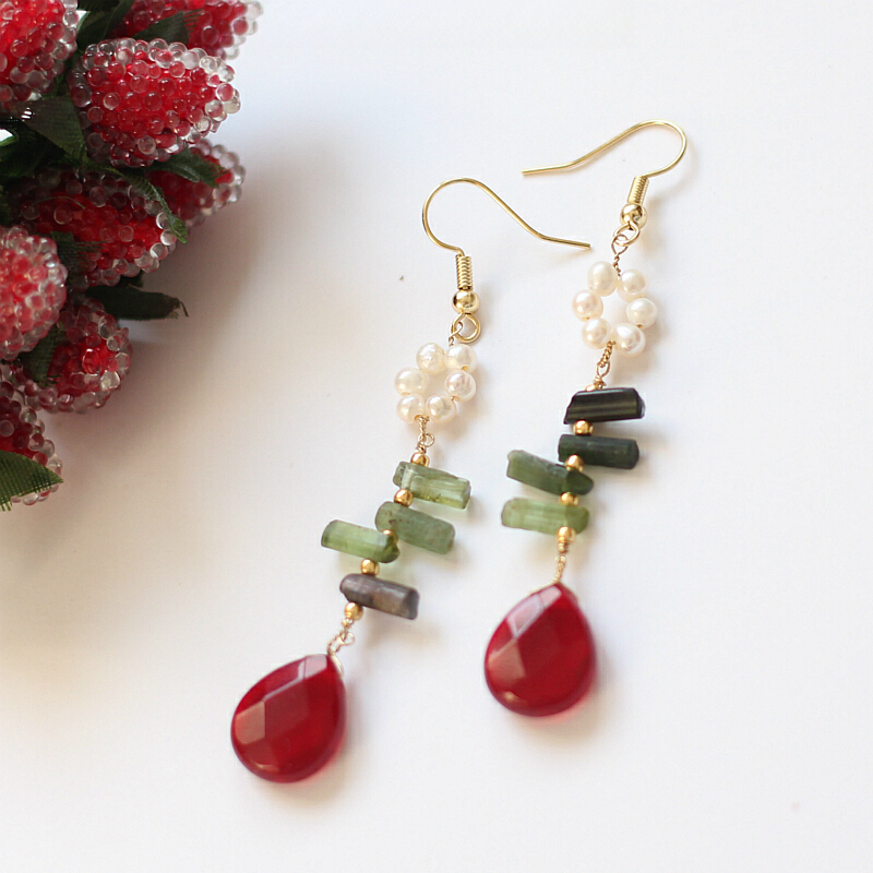 荆棘玫瑰|天然碧玺石英石耳环