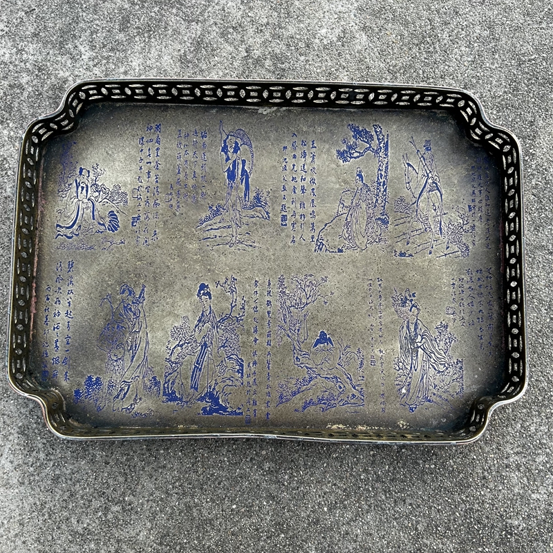 古玩杂项 大盘子 骑马图盘子 六角形 盘子中式古典摆件 复古铜器