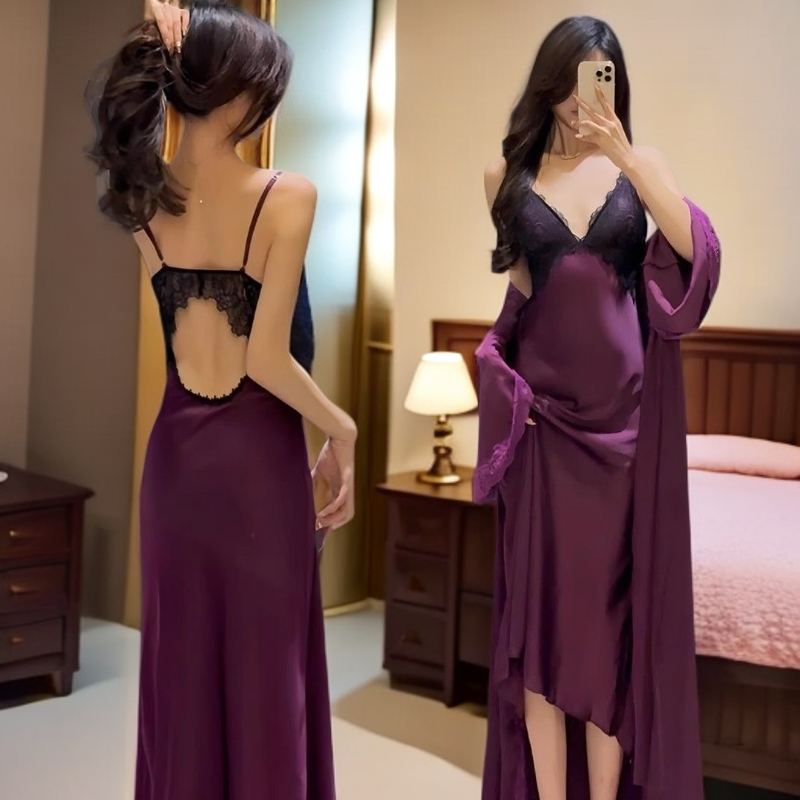 法式轻奢性感冰丝睡衣女士性感蕾丝吊带短裙睡裙睡袍带胸垫家居服