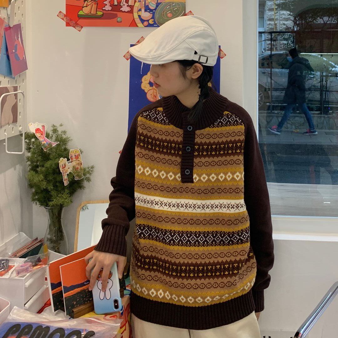 PumanSenlin 独家自制秋冬新品古着感针织衫复古花纹慵懒风毛衣