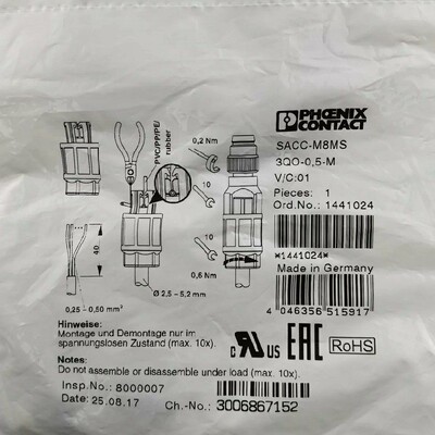 现货菲尼克斯1441024传感器执行器连接器SACC-M 8MS-3QO-0.5-M