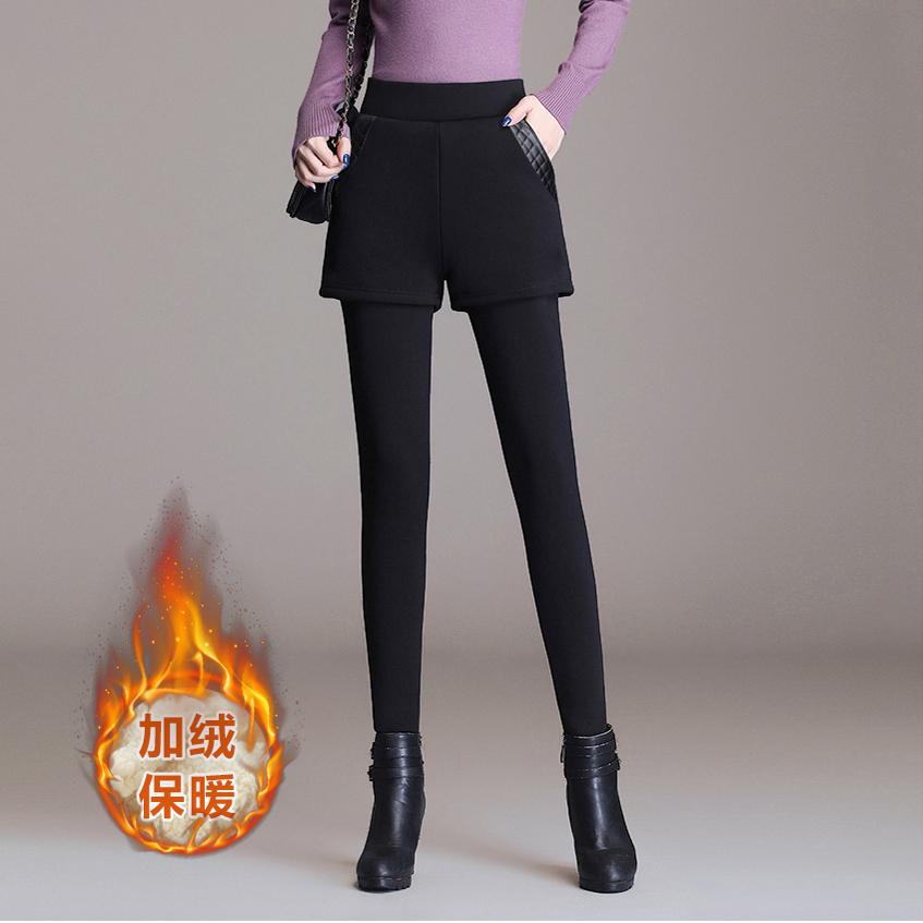 羊羔绒女加绒加厚秋冬季弹力修身一体裤子假两件休闲高腰冬天棉裤