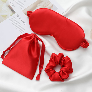 双面仿真丝眼罩睡眠遮光男女学生夏季 冰丝透气丝绸收纳袋发带套装