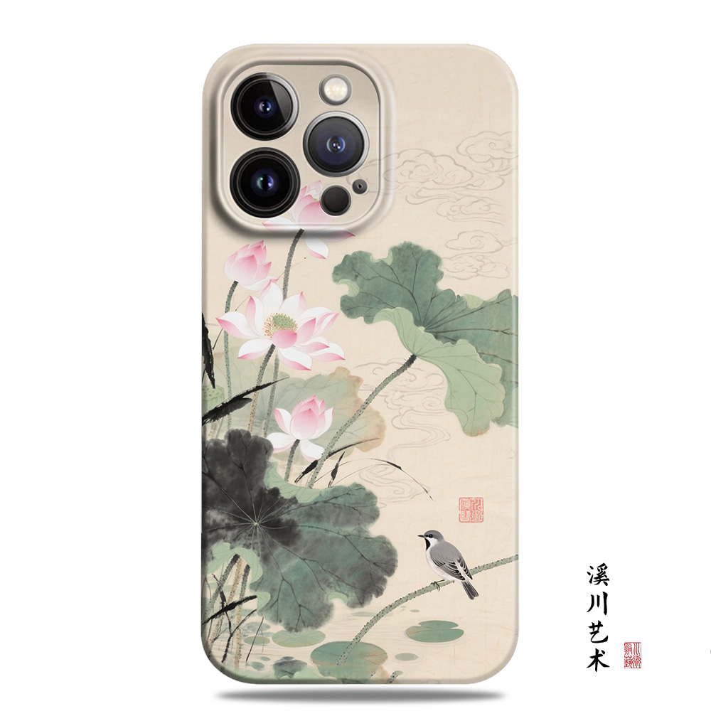 莲池水墨花鸟图古风手机壳艺术