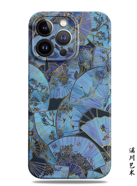 文艺复古国风扇子适用苹果15promax手机壳14小米13菲林华为nova12蓝色mate60荣耀100小众oppo一加vivo全包