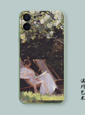 静谧午后绿色油画适用苹果13手机壳12promax全包11艺术8plus/xr/6