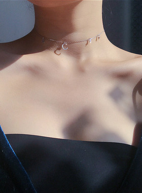 choker纯银月亮五角星锆石锁骨链