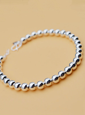 925纯银光面小圆珠佛珠气质手链男女同款转运珠手镯简约情侣礼物
