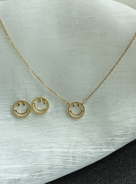 纯银镀金耳钉百搭笑脸项链