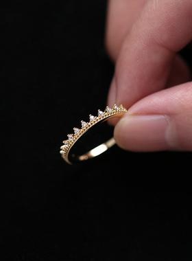 S925纯银镀14K金女戒指镶钻精致简约皇冠指环清新日系风格经典款