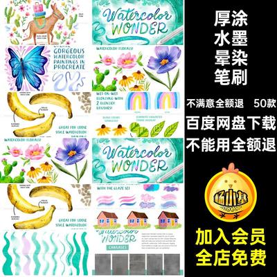 水彩插画笔刷合集Procreate纹理50款釉料厚ipad涂痕水墨水洗逼真