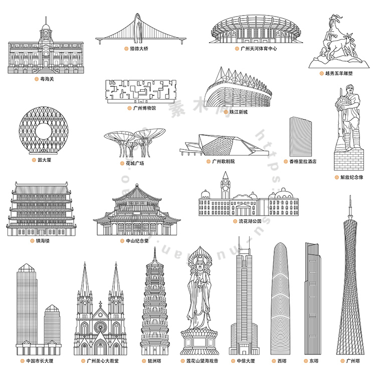 线描广州地标建筑 手绘景点五羊雕塑博物馆 ai格式矢量设计素材