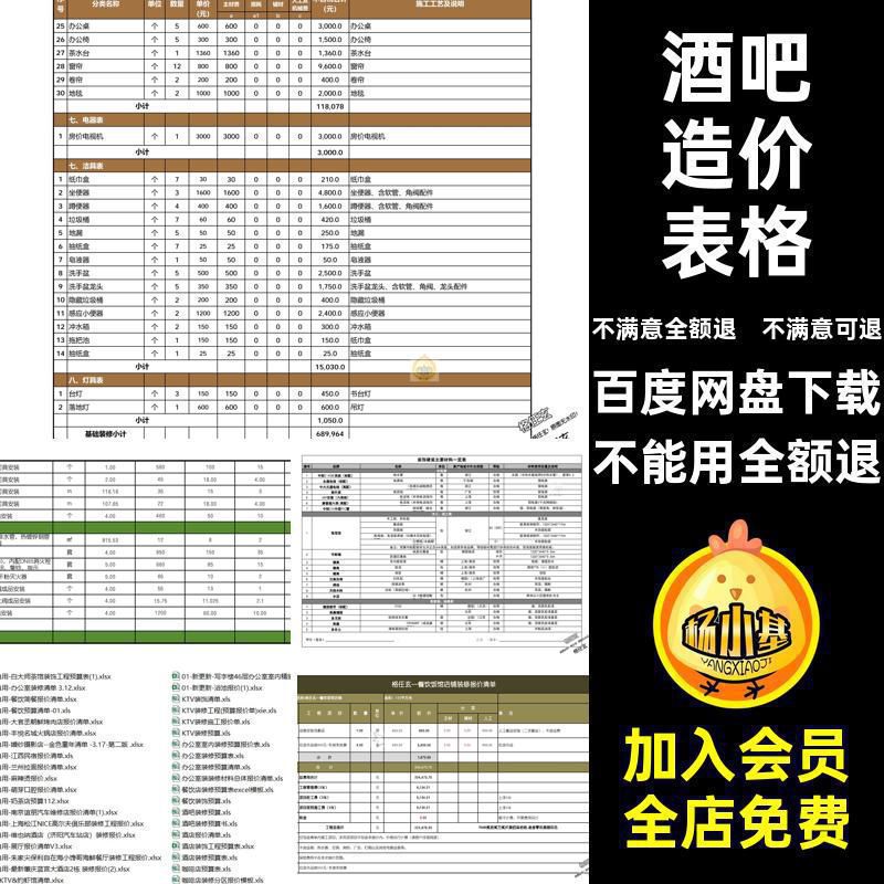 办公造价表格工程预算装修报价表工装酒吧清单酒店餐饮材料餐厅