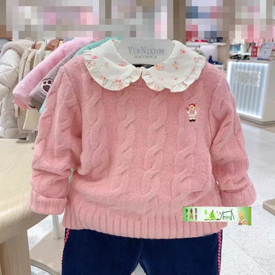 女童粉色可爱圆领厚毛衣