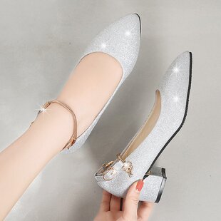 低跟水晶高跟鞋女粗跟3cm尖头性感配礼服伴娘银色气质单晚宴粗跟