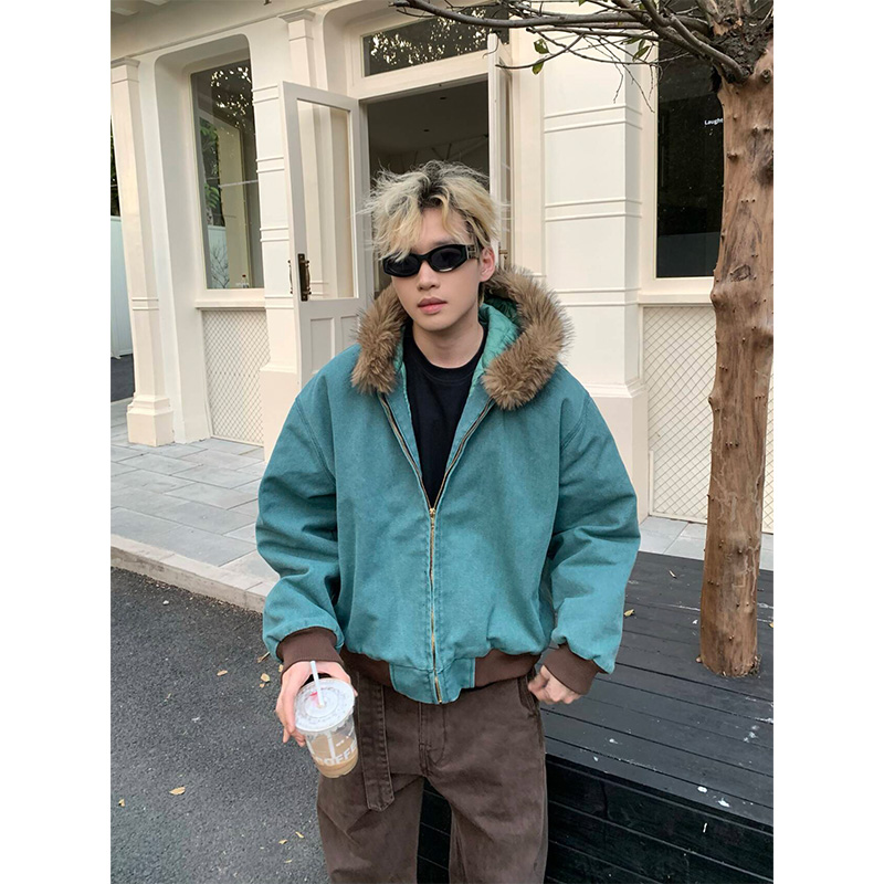 NECOYEP 2025美式潮牌连帽毛绒夹克棉衣男女冬季宽松休闲加厚外套