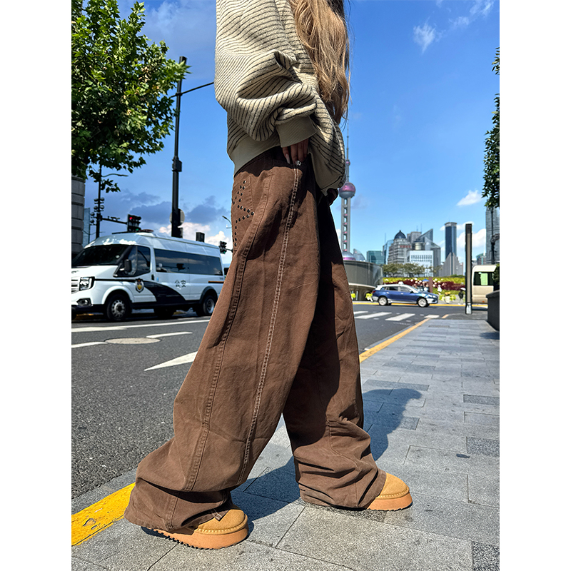 NECOYEP 美式设计感星星铆钉阔腿休闲裤男女宽松百搭直筒拖地长裤