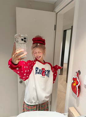 NECOYEP 美式字母印花拼色插肩袖圆领卫衣男女春秋宽松百搭上衣