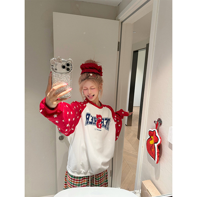 NECOYEP 美式字母印花拼色插肩袖圆领卫衣男女春秋宽松百搭上衣