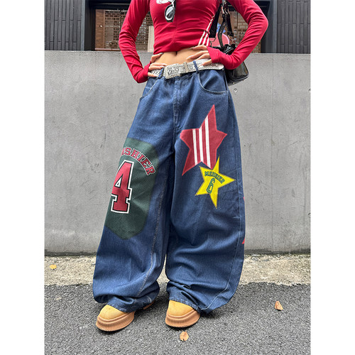 NECOYEP 美式设计感星星数字贴布印花阔腿牛仔裤男女宽松百搭长裤