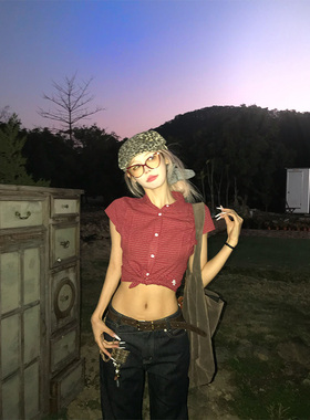 NECOYEP2025春夏季美式红格纹短袖衬衫上衣女辣妹修身显瘦打底衫