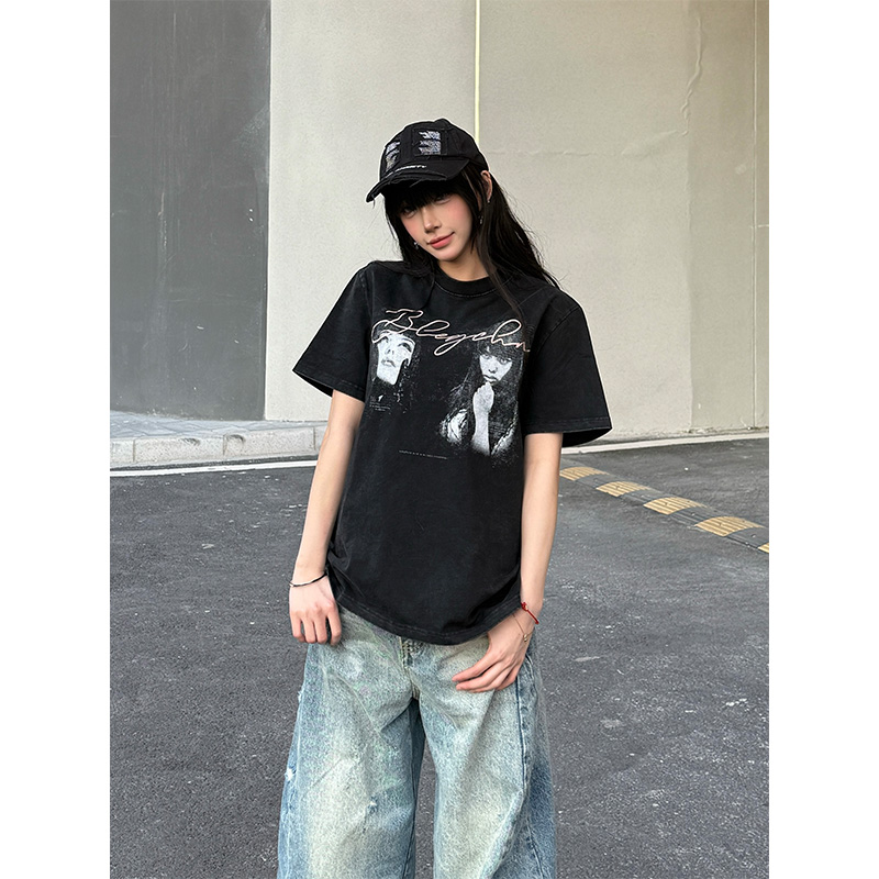 NECOYEP 美式趣味人像印花短袖T恤男女宽松休闲简约打底衫上衣