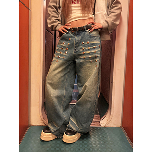 男女宽松休闲百搭潮流拖地长裤 设计感铆钉阔腿牛仔裤 美式 NECOYEP