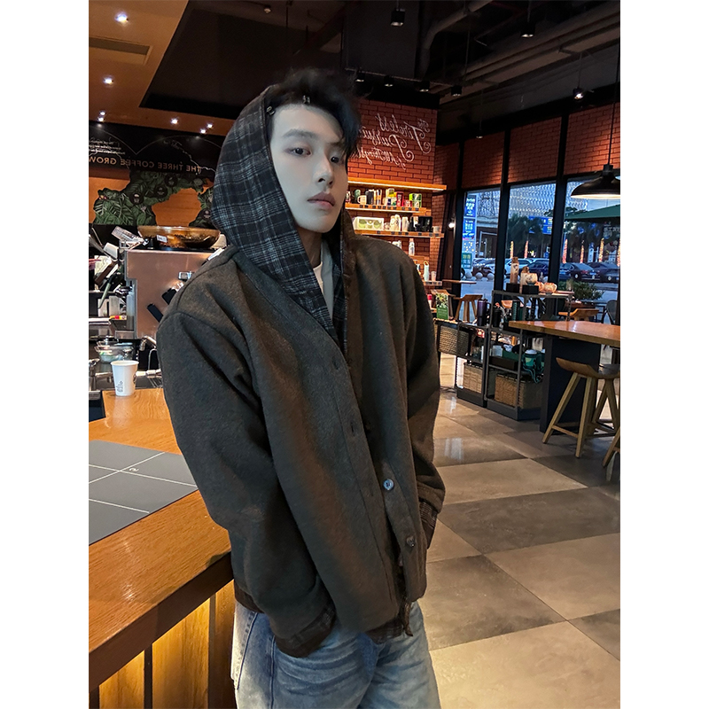 NECOYEP 美式复古格子拼接假两件连帽针织毛衣男女休闲百搭开衫