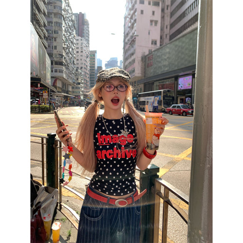 NECOYEP美式复古字母星星印花短袖T恤女夏季修身显瘦百搭正肩上衣