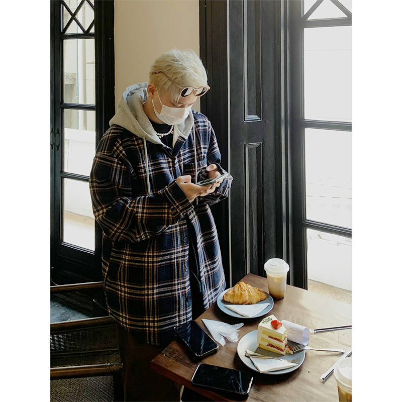 休闲格子衬衫慵懒风连帽外套