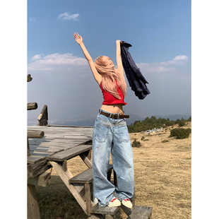 NECOYEP春季美式复古小众倒装水洗牛仔裤男女宽松休闲阔腿拖地裤