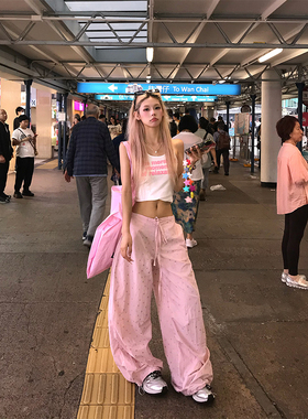 NECOYEP美式星星满印水洗抽绳休闲裤男女夏宽松休闲百搭阔腿长裤