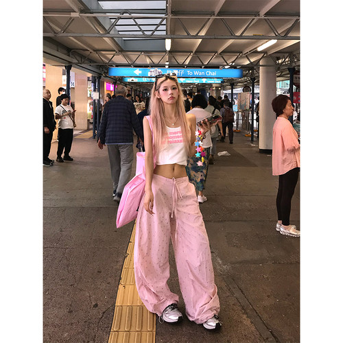 NECOYEP美式星星满印水洗抽绳休闲裤男女夏宽松休闲百搭阔腿长裤