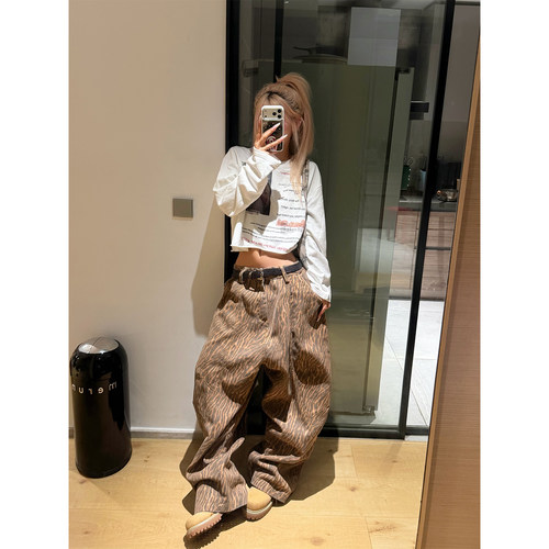 NECOYEP 美式复古斑马纹阔腿裤男女宽松百搭休闲拖地直筒街头长裤