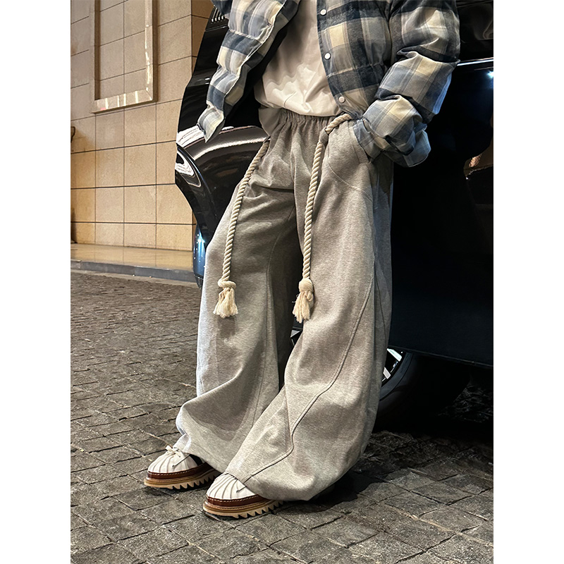 NECOYEP 2025早秋美式宽松粗绳直筒阔腿裤男女垂感宽松休闲卫裤