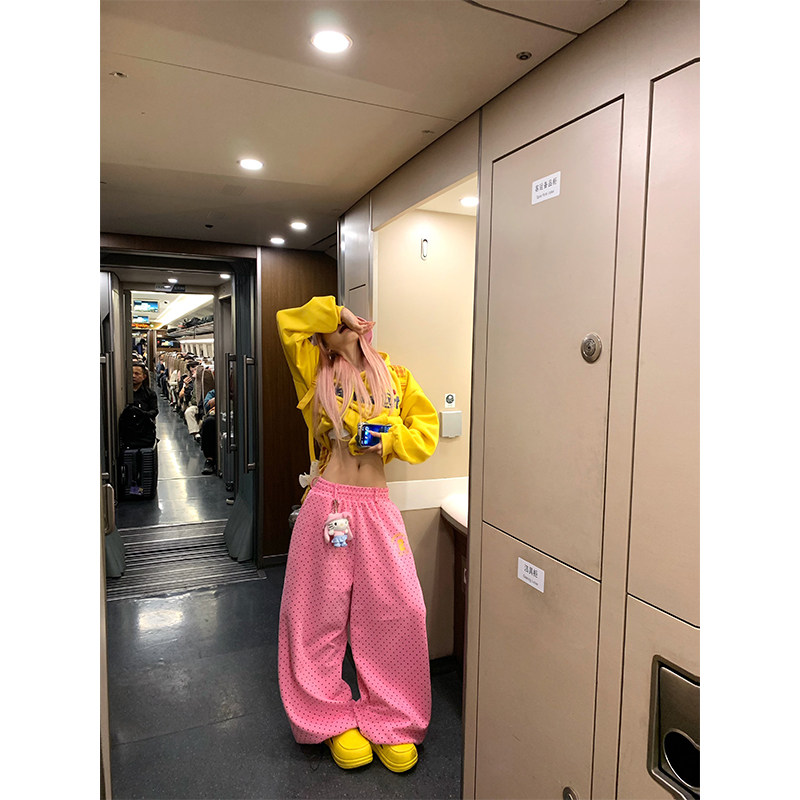 NECOYEP 美式复古满印波点阔腿卫裤男女宽松休闲慵懒垂感拖地长裤