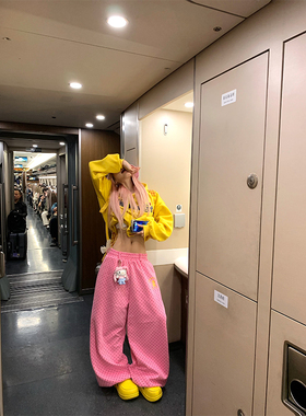 NECOYEP 美式复古满印波点阔腿卫裤男女宽松休闲慵懒垂感拖地长裤