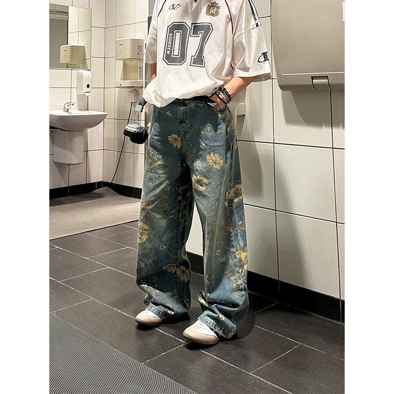NECOYEP2025美式复古花卉满印水洗牛仔裤情侣宽松直筒拖地裤
