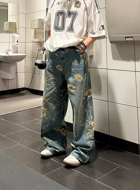 NECOYEP2025美式复古花卉满印水洗牛仔裤情侣宽松直筒拖地裤
