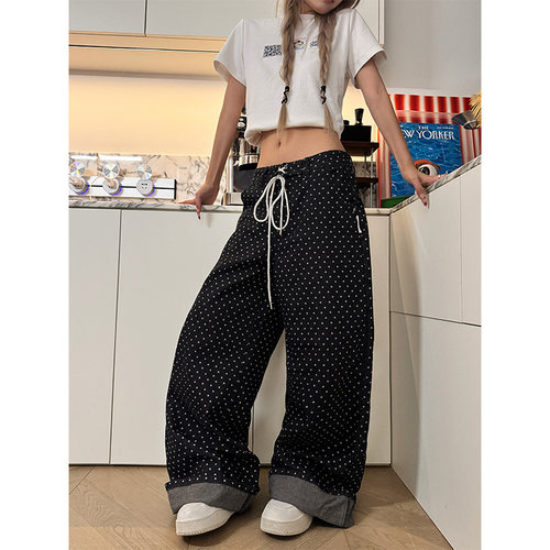 NECOYEP 美式设计感波点满印抽绳休闲裤男女宽松百搭直筒拖地长裤