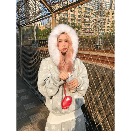 NECOYEP 美式雪花可拆卸毛领连帽加绒卫衣开衫男女秋冬休闲外套