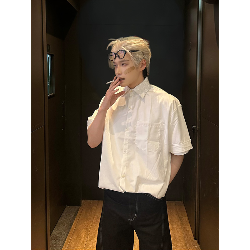 NECOYEP夏美式复古花纹刺绣短袖衬衫男女宽松痞帅松弛感百搭衬衣