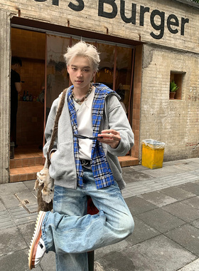 NECOYEP 2025美式假两件连帽格子卫衣开衫男女宽松秋cleanfit外套