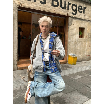 NECOYEP 2025美式假两件连帽格子卫衣开衫男女宽松秋cleanfit外套