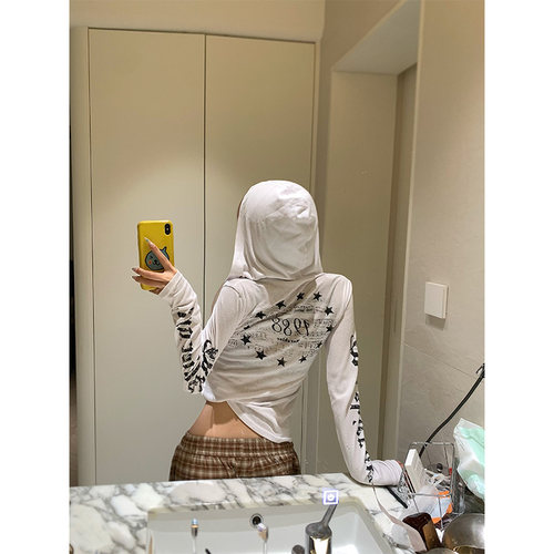 NECOYEP 美式袖边字母印花哥特风连帽T恤夏季女修身防晒罩衫
