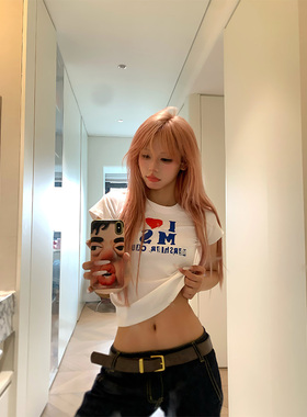NECOYEP2025春季新款美式爱心字母印花正肩短袖t恤女修身短上衣