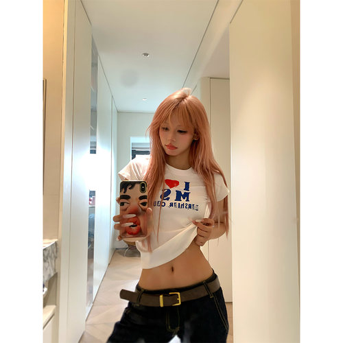 NECOYEP2025春季新款美式爱心字母印花正肩短袖t恤女修身短上衣