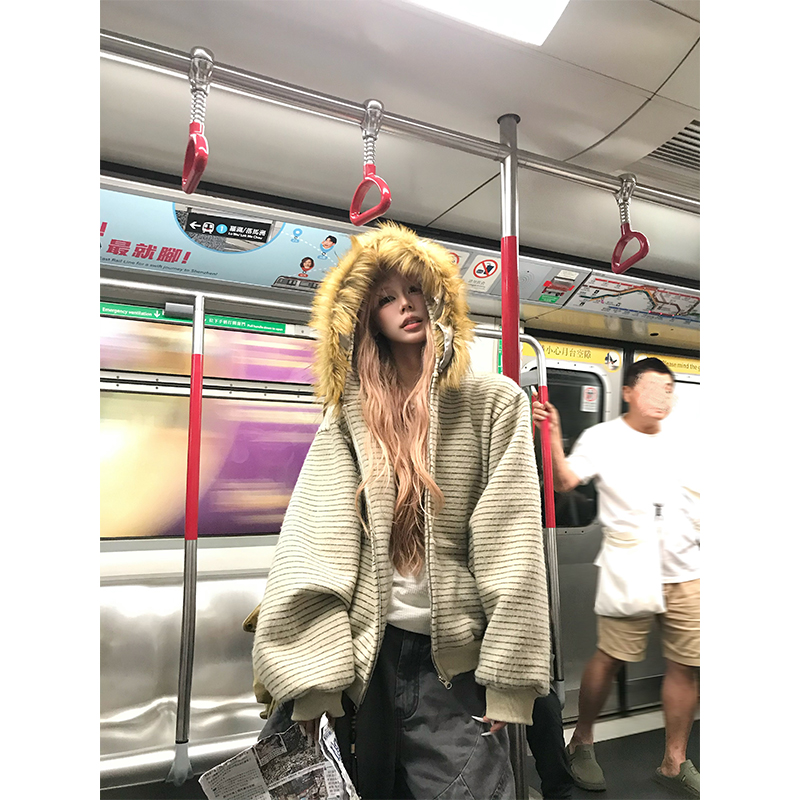 NECOYEP 美式可拆卸毛领条纹加绒连帽开衫卫衣男女秋冬宽松外套